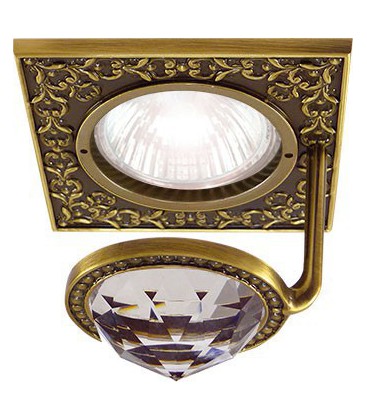 Квадратный точечный светильник из латуни с крупным кристаллом, FEDE коллекция SAN SEBASTIAN CRYSTAL DE LUXE, патина